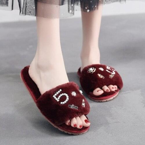 Shiny Rhinestone Women Luxury Fur Slippers Flat Indoor Cozy Furry Slides Solid Crystal Home Shoes Ladies Female Winter TX473