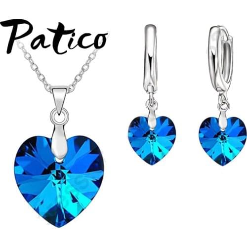 Fast Ship SW Crystal Ocean Heart 925 Sterling Silver With Lever Back Earring Pendant Necklace Woman Jewelry Gift Set