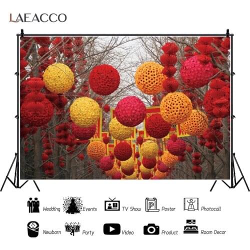 Laeacco Chinese New Year Flowers Lantern Tree Photography Backdrop Festival Party Photography Background Photo Studio Photocall