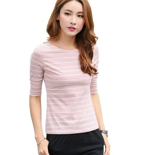 2020 Fashion Female T-shirt Summer Cotton Female Tops Plus Size Half Sleeve Casual Striped T-shirts for women Brand Women Tops