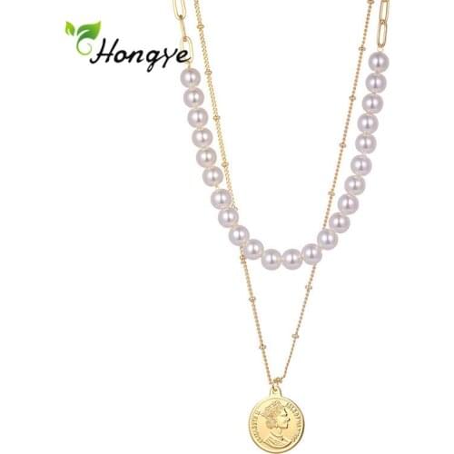 Hongye New Punk Asymmetric Multilayer Sweater Chain Pearls Necklace For Women Party Charms Coin Metal Jewelry Choker Gift