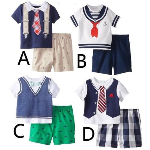 Summer Baby Boys Clothing Set 2 Pieces Tie Print Gentleman Costumes Childrens Tops+Shorts Suits Kids Boy Clothes