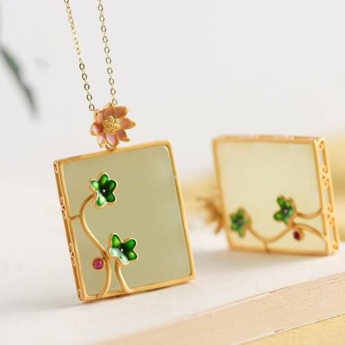 Lotus Brand New National Fashion Super Fairy Hetian Jade Lucky Pendant Pendant Sterling Silver Enamel Lotus Classical Necklace O
