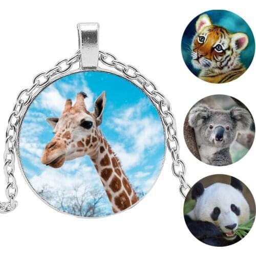 Fashion Animal Series Necklace for Men Women Cute Panda Wolf Lion Tiger Giraffe Koala Glass Photo Pendant Children Jewelry Gift