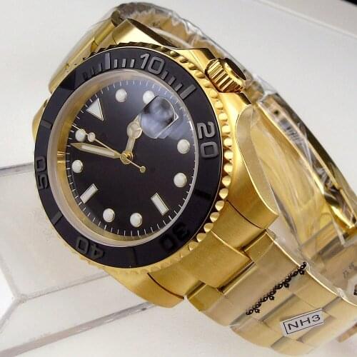 Fashion Japan NH35 40mm Gold Watch Case Automatic Mens Watch Miyota Movement Ceremic Bezel
