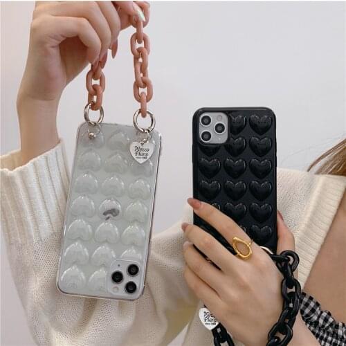 Cute 3D Love Heart Macaron Candy Strap Chain Case for iPhone 12 11 Pro XS Max XR X 7 8 Plus Wrist Band Bracelet Soft Clear Cover