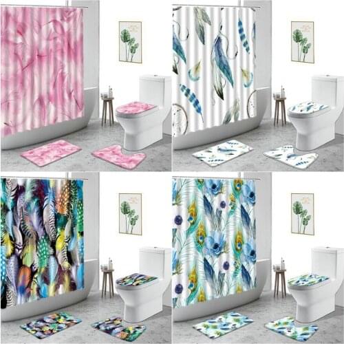 4-Piece Set Peacocks Feather Shower Curtain Color 3D Printed White Fabric Waterproof Bath Curtains Non-Slip Carpet Toilet Cover
