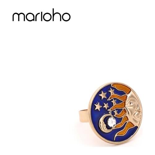 New Fashion Round Multicolor Enamel Moon Star Sun Ring Rhinestone Adjustable Finger Ring Simple Party Jewelry Women Accessories