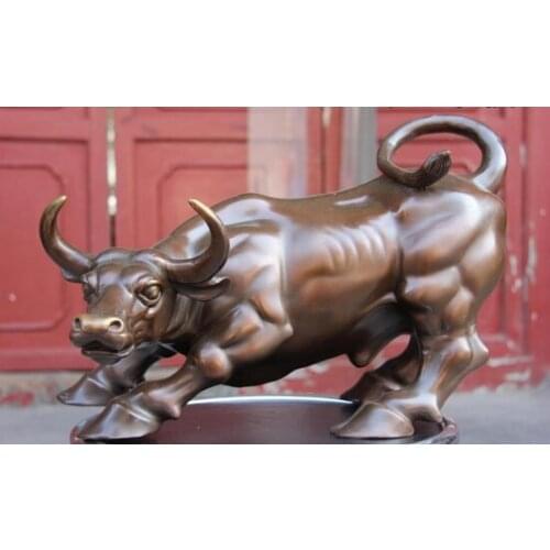Wholesale factory 13 Chinese pure Bronze Copper carved Wall Street Fierce Bull OX fengshui Statue 25% off
