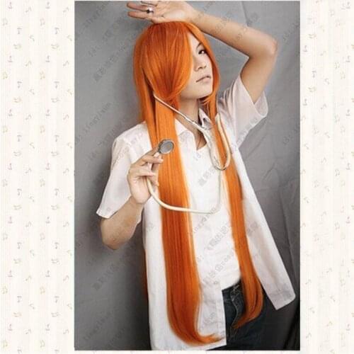 Bleach. Inoue Orihime Orange 100cm long straight cape anime costume cosplay wig +free wig cap