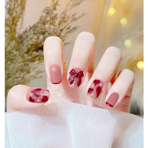 24pcs Bow Nail Patch Square Head Glue Type Removable Short Paragraph Fashion Manicure Save Time False Nail Patch Fake Nails