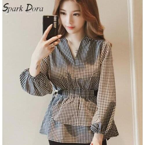 SparkDora hot 2019 Autumn New Arrival Korean V Collar Lantern Sleeve Collect Waist Ruffles Plaid Woman Cotton Blouse