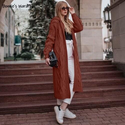 Hot Style New Sweater For Women Solid Color Hooded Twist Knit Long Hooded Cardigan Sweater Casual Coat Commute Autumn And Winter