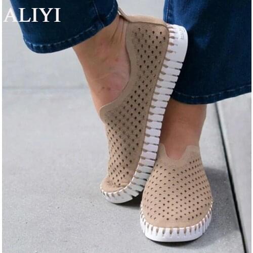 Womens Hollow Out Shoes 2021 Summer Autumn Breathable Ladies Soft Casual Shoes Slip On Solid Color Female Flats