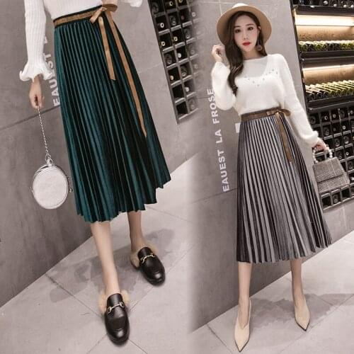 Velvet Large Swing Long Pleated Women Skirts Plus Size Skirts Faldas Saia Fashion Female Skirt Jupe Bow mid-length slim skirt