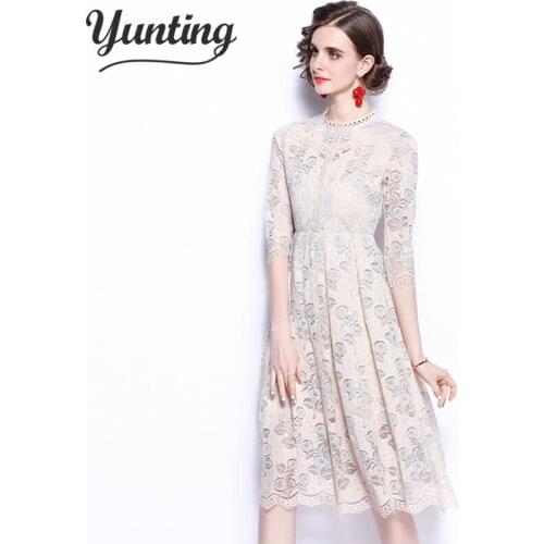 Woman Elegant 2021 Summer O-Neck Lace A-line Female Luxury Vintage Party Dresses
