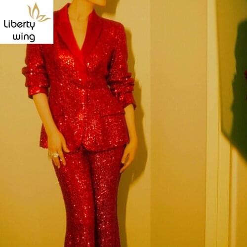 Top Brand Wedding Party Women Red Sequins Blazer Coat Wide Leg Pants Suit Runway Stage Show Formal Outfits Ladies Two Piece Sets