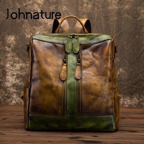 Johnature Genuine Leather Vintage Women Backpack 2021 New Large Capacity Stitching Hit Color Nature Cowhide Casual Travel Bags