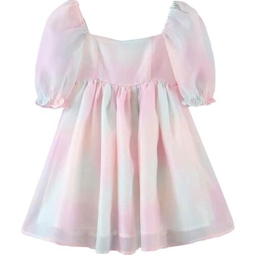 Women Multicolor Tie Dye Princess Party Dresses Sexy Square Neck Puff Sleeve Organza Dress Summer Short Vestido Summer Dress