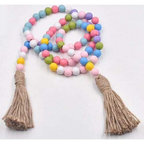 148cm 84pcs 16mm Wood Beads Garland with Tassels Farmhouse Beads Rustic Country Decor Prayer Beads Wall Hanging Decor