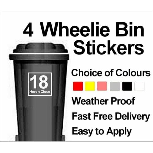 4 x Wheelie Bin Customized Vinyl Decals Stickers House Name or Number & Road Name