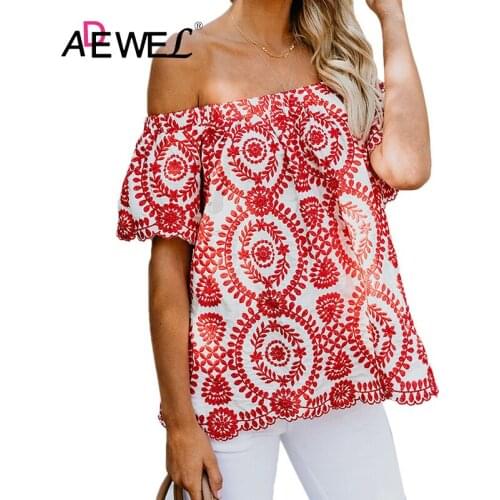 ADEWEL Red White Off Shoulder Floral Plus Size Top Poleras Mujer De Moda 2019 Camisa Feminina Women Loose Tshirt Clothes 2XL