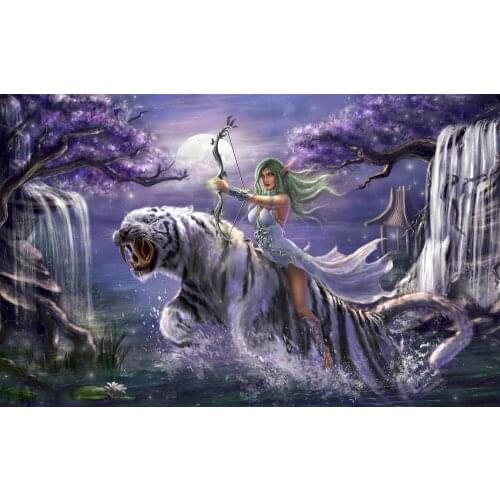 Diamond Painting Long tooth tiger wiht Beauty,Girl,animal,Elf,Cross Stitch,Full Diamond Embroidery Mosaic,Needlework Rhinestones