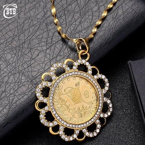 Islamic Muslim Vintage Coin Crystal Jewelry Women Charm Pendant Necklace Men and Women Pass Luxury Golden Necklace Gift