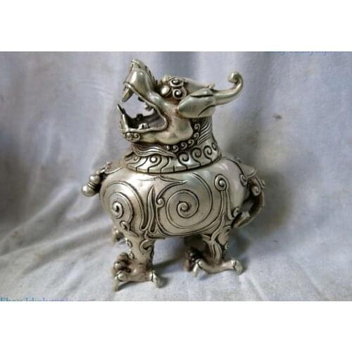 China Silver carved censer sculpture fine Foo Dog lion incense burner Statue