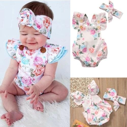 US Stock Newborn Infant Baby Girl Floral Bodysuit Sleeveless Button Clothes Backless Outfit Sunsuit With Headband 0-24M