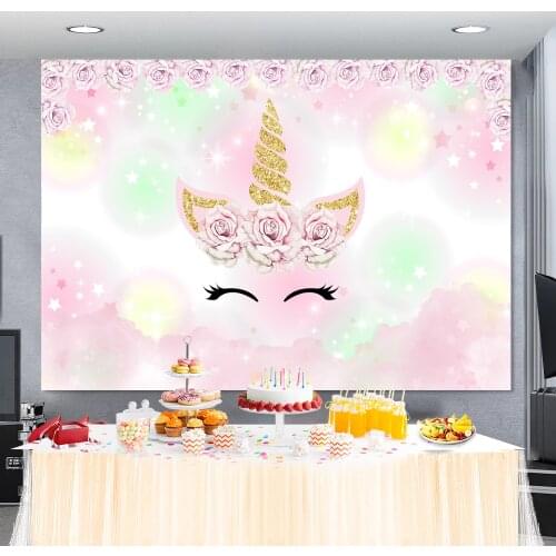 Laeacco Gold Unicorn Birthday Party Star Polka Dots Flower Baby Poster Portrait Photo Background Photography Backdrop Photocall