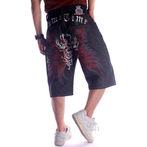 Mcikkny Mens Hip Hop Embroidery Denim Shorts Loose Fit Skateboard Denim Pants For Male Trousers High Street
