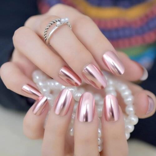 Matte Metal Nail Art Tips Light Pink Metallic Mirror Pre-designed Fake Nails Fairy Oval Beautiful Shiny Ladies Nails