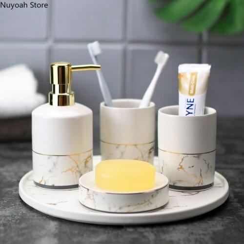 Nordic Light Luxury Bathroom Supplies White Marble Lotion Bottle Soap Dish Toothbrush Holder Bathroom Decoration Accessories