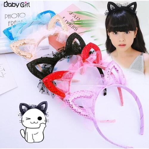 Novelty Kids Cat Ears mesh Headband Sequins hair head hoop band accessories cute Girl Hairband princess Crown Tiara Headwear