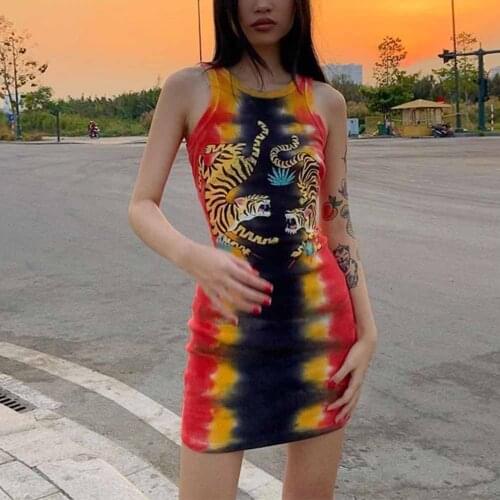 Punk Tie Dye Sleeveless Graphic Mini Dresses Ribbed O-neck Tiger Printing Bodycon Party Dress Girl Rave Summer Dresses