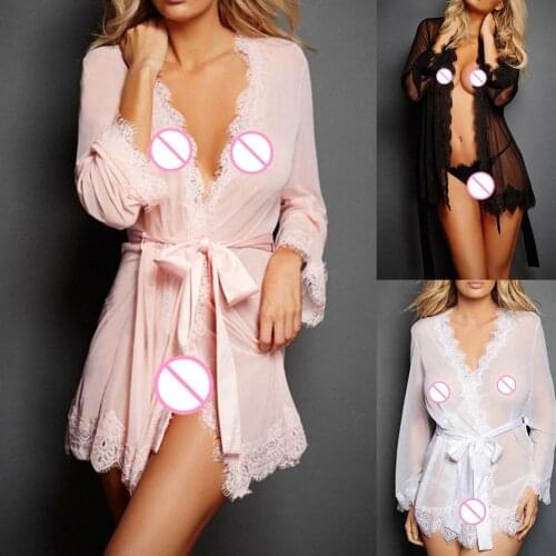 Sexy Women Long Sleeve Open Front Lace Bathrobe Briefs Sleepwear Erotic Underwear open front with belt simple yet stylish gifts
