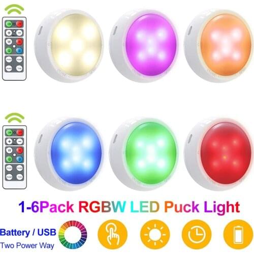 RGBW LED Wall Lights Battery USB Powered Puck Light Remote Control Dimmer Timing Under Cabinet Lamp Home Closet Lighting Decor