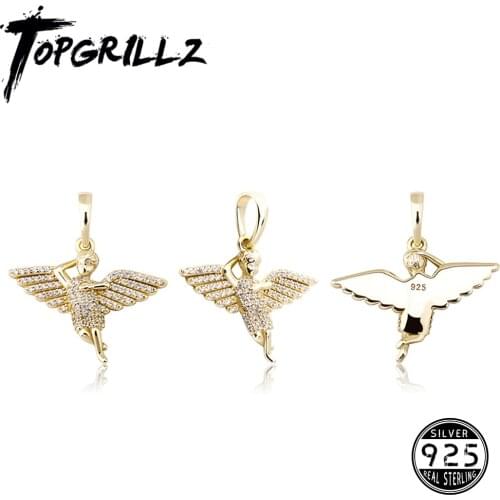 TOPGRILLZ 925 Sterling Silver Cherub Angel Wings Spread Pendant CZ Micro Pave Pendant In White/Yellow Gold Hip Hop Jewelry Gift