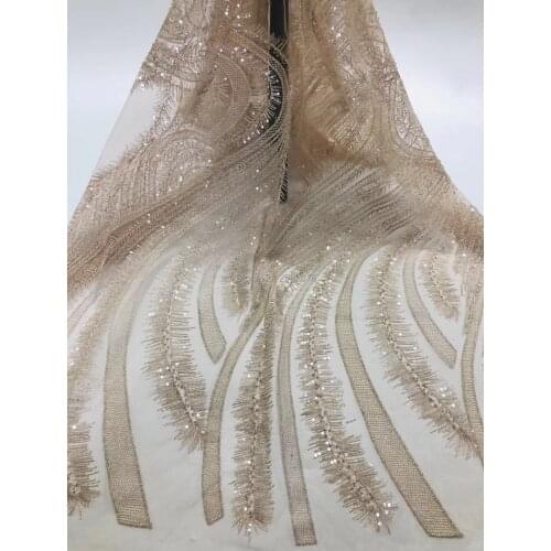 Heavy Handmade Beads Lace Fabric Gold Colors Tulle Mesh Lace Fabrics French Beaded Lace for Nigeria Bridal Lace Garments