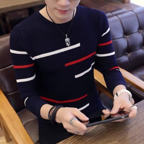 Spring Long Sleeve Knitted Sweaters Casual Men Sweater Color Patchwork O-Neck Top Blouse For Warm Mens Striped Clothing C254