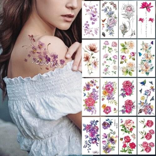Waterproof Temporary Tattoo Sticker Purple Cherry Blossom Plum Flower Tatoo Birds Feather Water Transfer Fake Flash Tatto