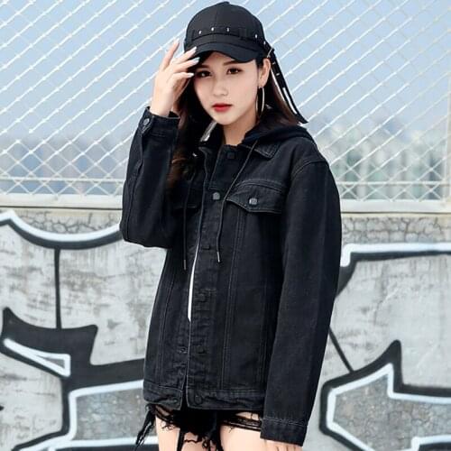 High Quality Detachable Hat Denim Jacket Coat 2018 Spring Ripped Denim Jacket Women Loose Jeans Coat Casual Girls Outwear Black