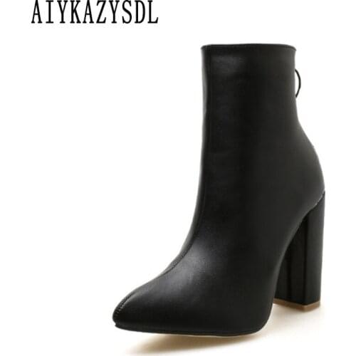 AIYKAZYSDL Women Ankle Boots Metal Zip Thick Block Chunky Heels Pointed Toe High Heels Autumn Spring Bootie 2019 White Shoes