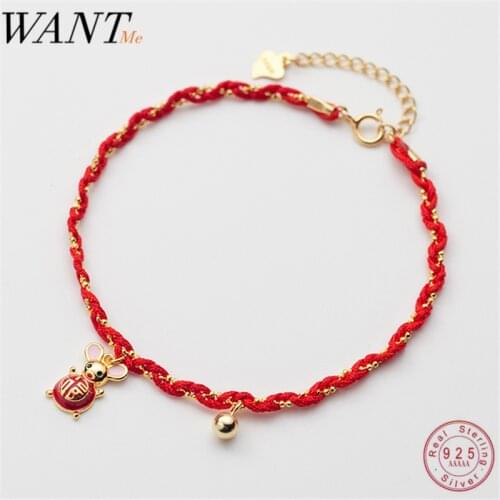 WANTME Fashion Handmade Red Rope Wrap Beads Mouse Rat Charm Bracelet for Women Real 100% 925 Sterling Silver Jewelry Accessories