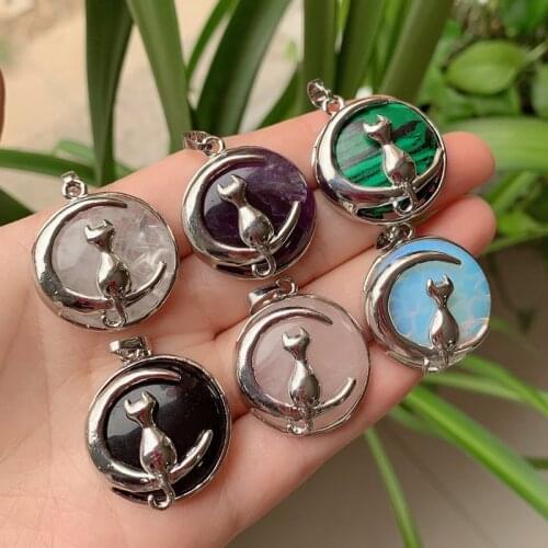 Natural Gem Stone Pendant Healing Jewelry Cute Cat Moon Charm Amethysts Lapis Tiger Eye Quartz Purple Crystal Pendants for Women