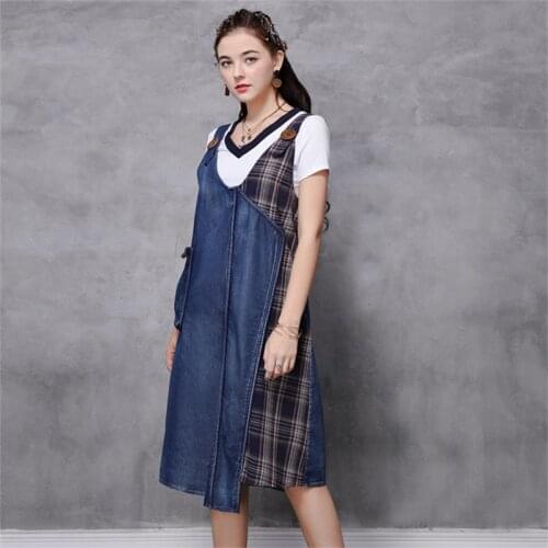 Women Patchwork Plaid Dress 2020 Summer Denim Dress Cotton Womens Asymmetrical Hem Pocket Suspender Vintage Vestidos