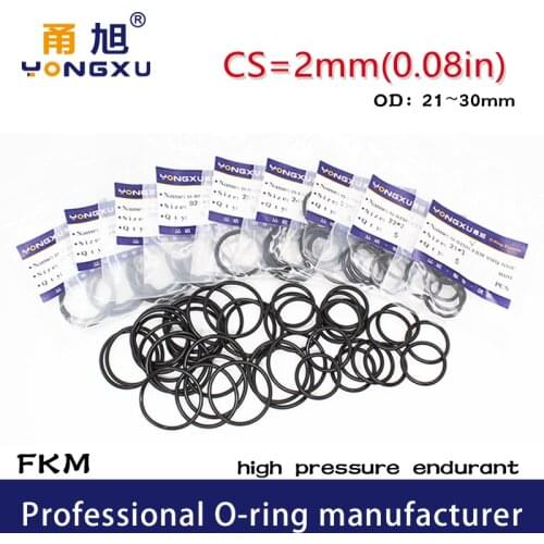 10PCS/lot Fluorine rubbeRing Black FKM CS2mm ORing Seal OD21/22/23/24/25/26/27/28/29/30*2mm Seal Gaskets Oil Ring Sealing Washer