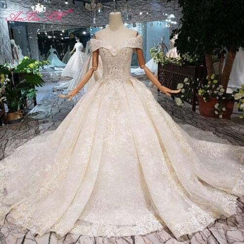 AnXin SH Luxury princess flower white lace beading crystal illusion boat neck lace up champagne wedding dress 100% real photo