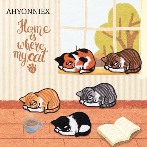 AHYONNIEX New Cute Cat Applique Clothing Embroidery Patch Fabric Sticker Iron on Sew on Patch Craft Sewing Repair Accessories